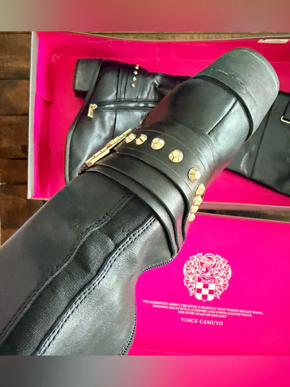 Vince Camuto Beatrix Black Leather Over-the-Knee Boots with Gold Studs & Buckle